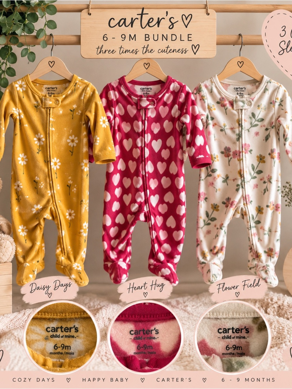 Carter’s Baby Girl 6-9M Fleece Footed Sleepers | 3 Piece Floral Heart Bundle
